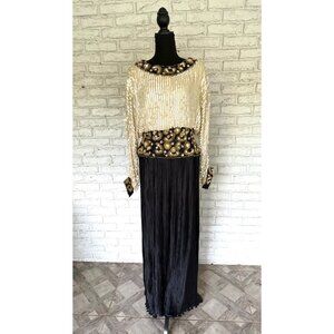 Vintage George F. Couture Hand-Beaded Sequin Silk Blend Dress Sz 10 Black Gold